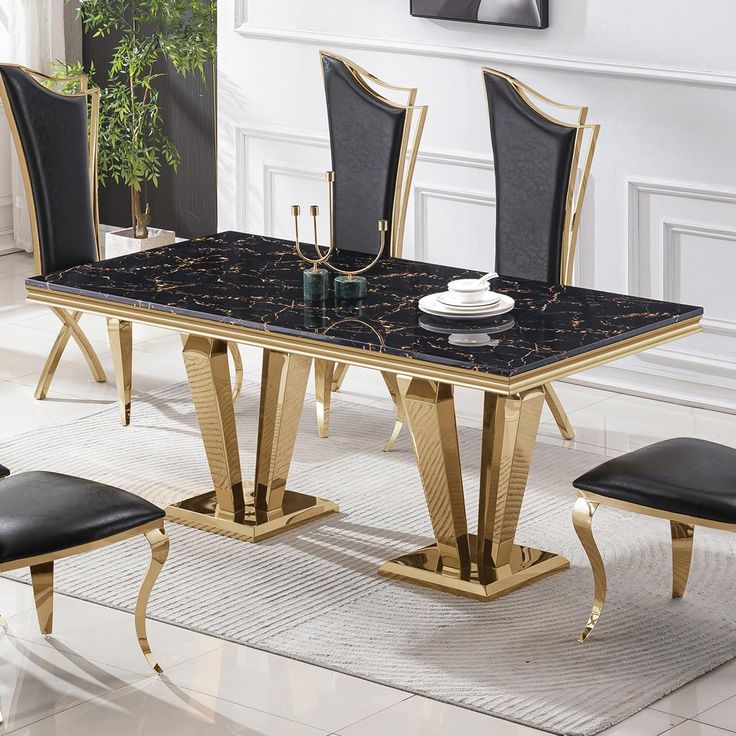 modern dining table for 6 8, 70 inch black marble kitchen table with gold mirrored dimaond design legs, luxurious rectangular faux marble dining room table for dining room,living room